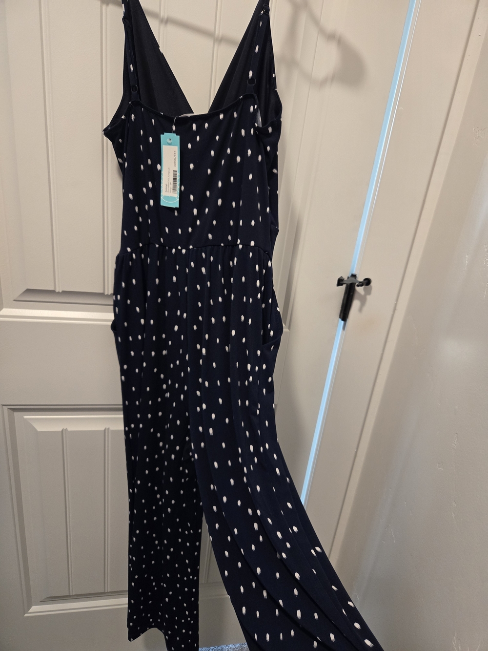 Kaileigh Navy and White Polka-Dot Wrap Jumpsuit with Tie Waist - Picture 6 of 9